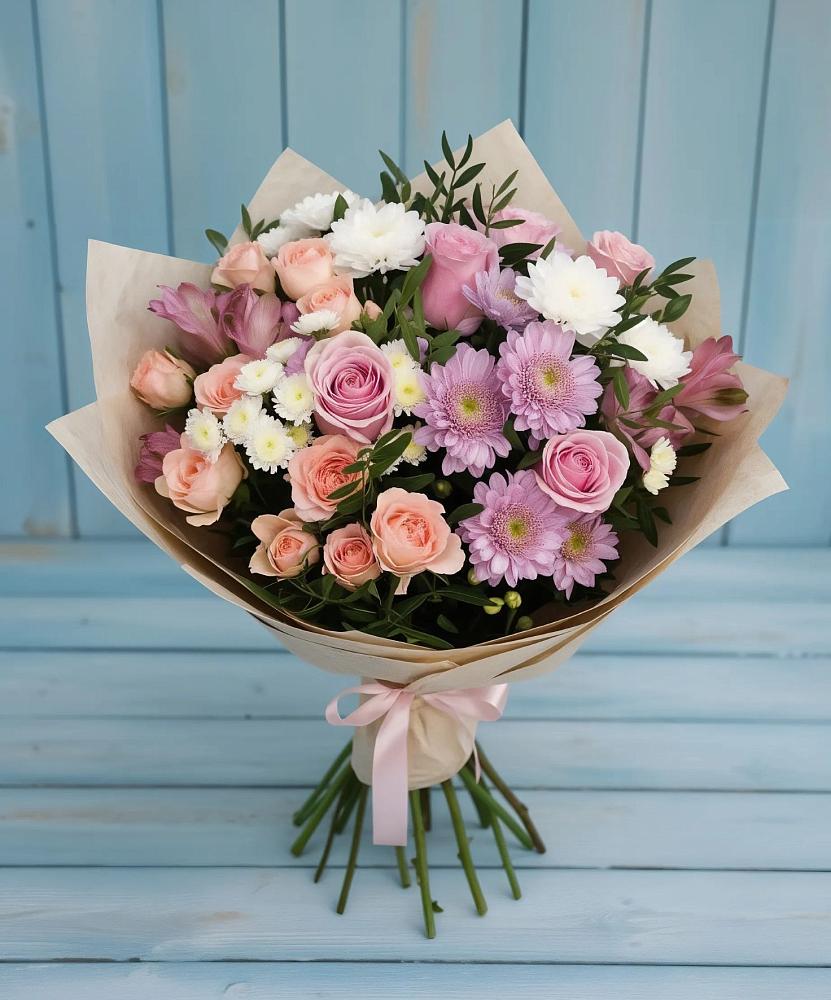 Букет цветов из: Хризантемы, Розы и Альстромерии в Колобово