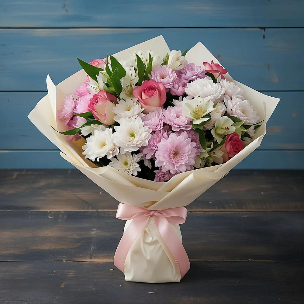 Букет цветов из: Хризантемы, Альстромерии и Розы в Колобово